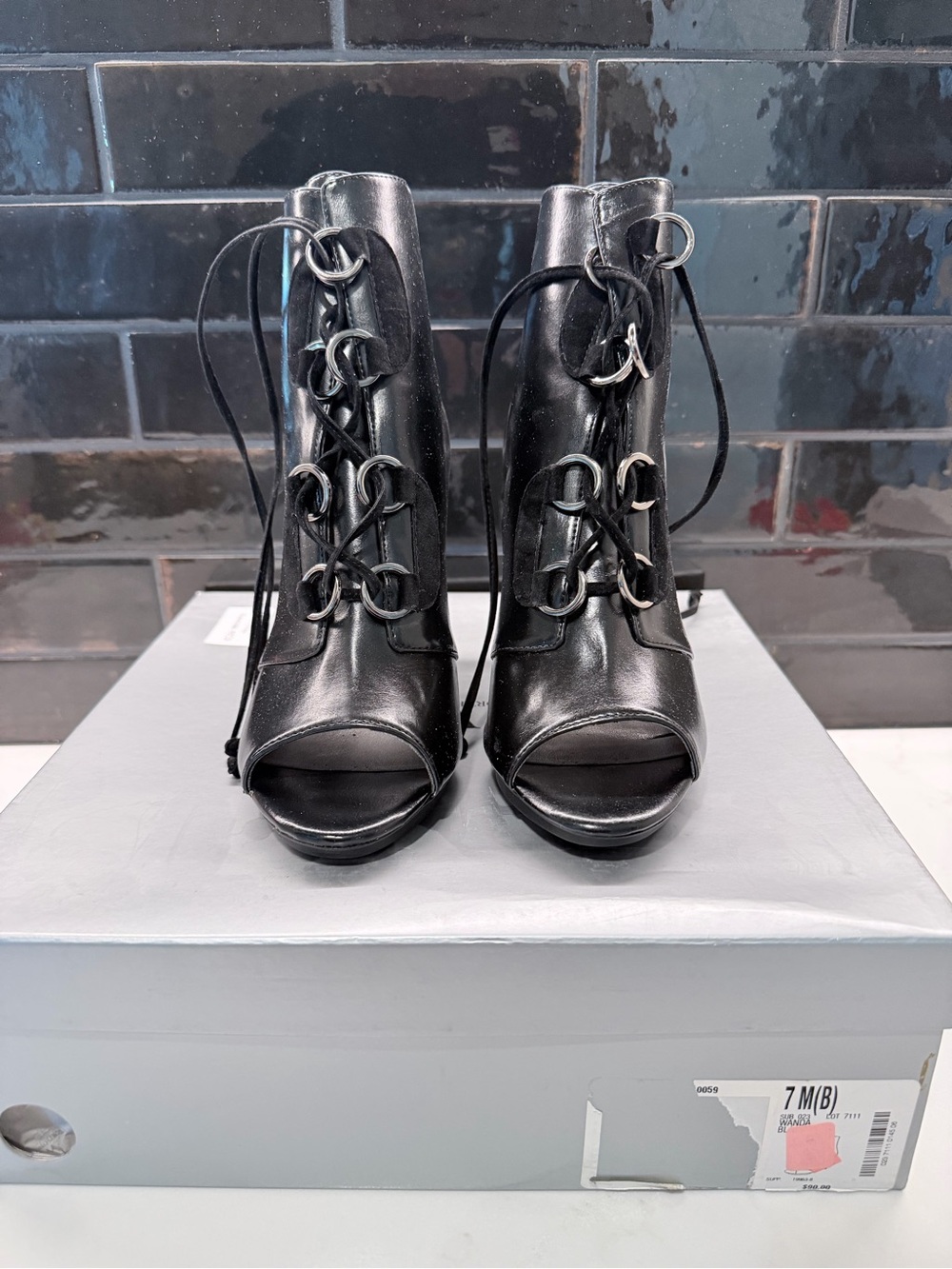 Worthington Black Lace-Up Peep Toe Platform Heels